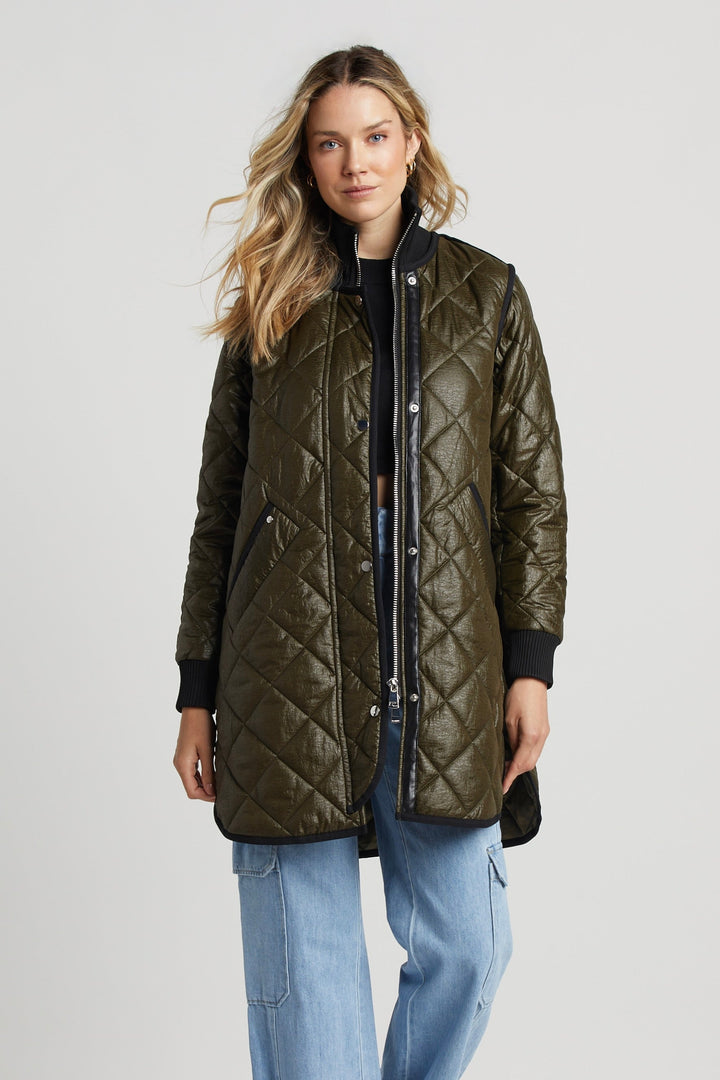 Adroit Atelier Libby Quilted Full Zip Coat in Army Green available at Barbara Katz