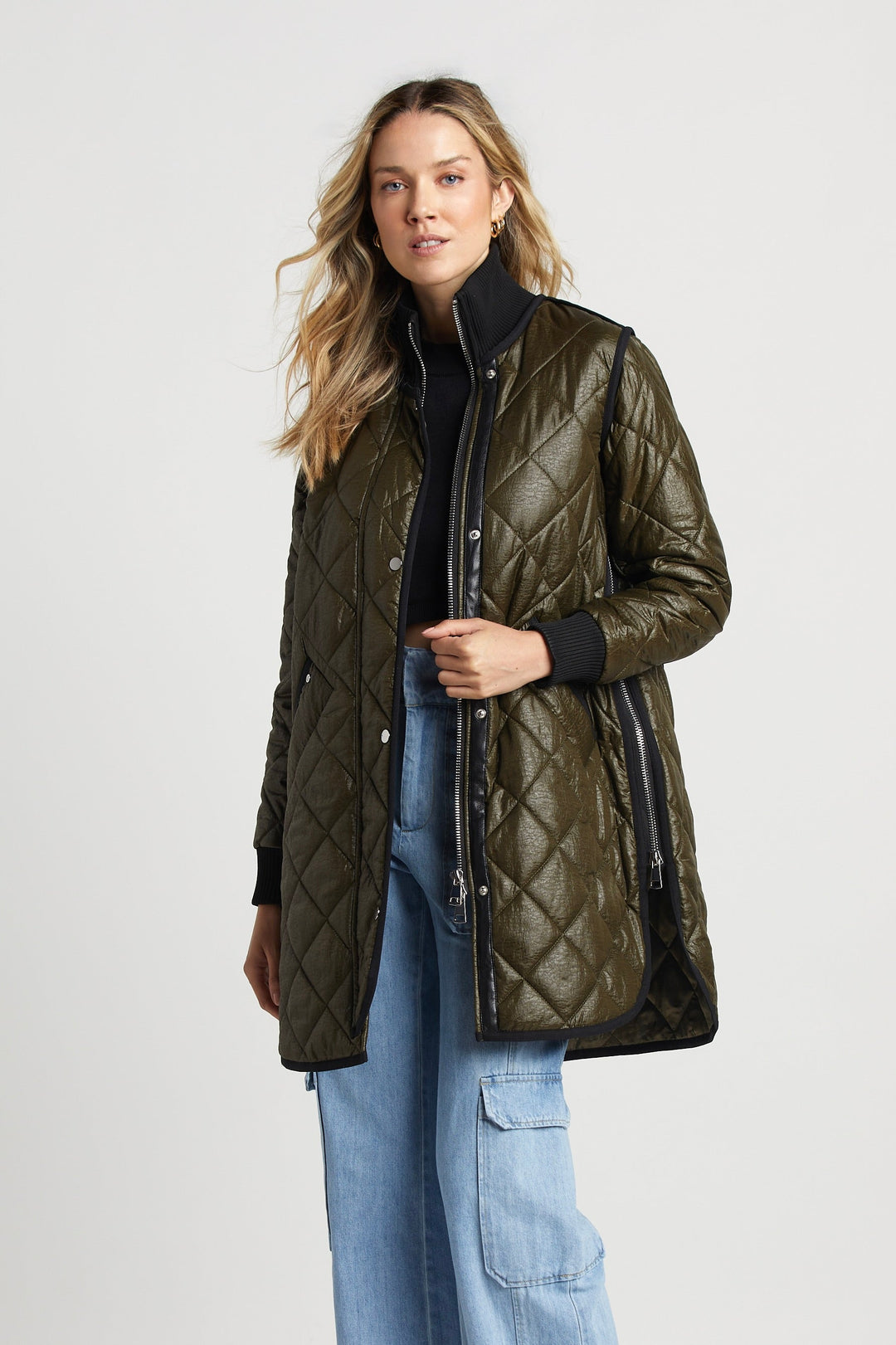 Adroit Atelier Libby Quilted Full Zip Coat in Army Green available at Barbara Katz