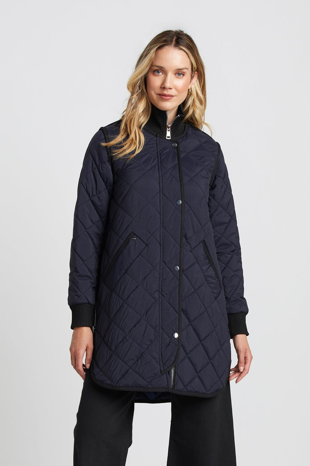 Adroit Atelier Libby Quilted Full Zip Coat in Dark Navy available at Barbara Katz