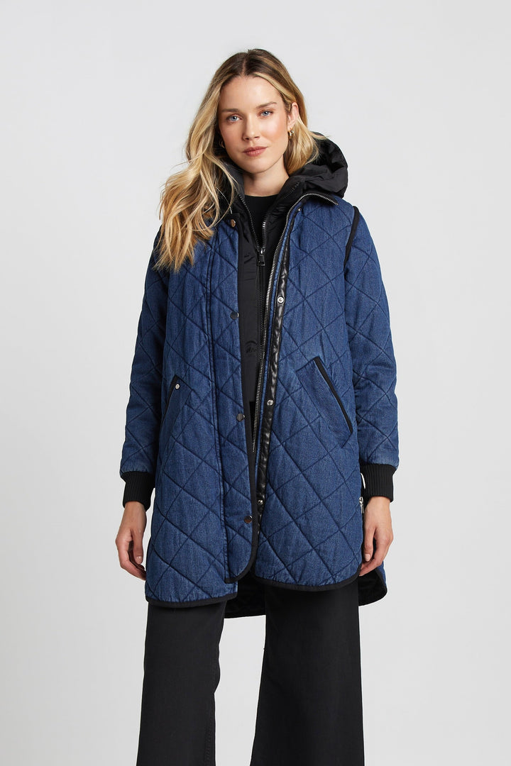 Adroit Atelier Libby Quilted Full Zip Coat in Denim available at Barbara Katz