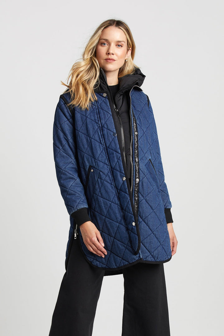 Adroit Atelier Libby Quilted Full Zip Coat in Denim available at Barbara Katz