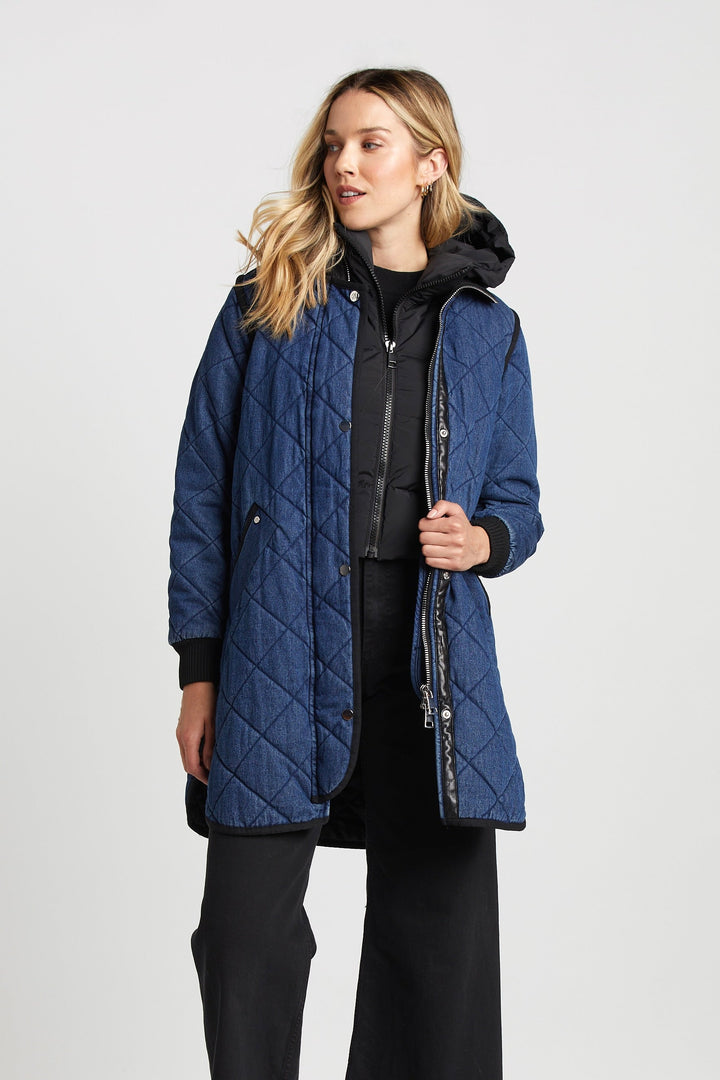 Adroit Atelier Libby Quilted Full Zip Coat in Denim available at Barbara Katz