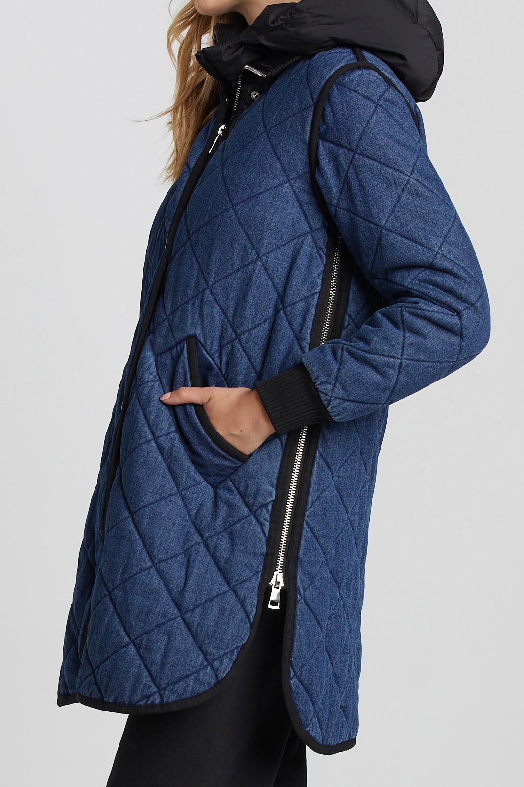 Adroit Atelier Libby Quilted Full Zip Coat in Denim available at Barbara Katz