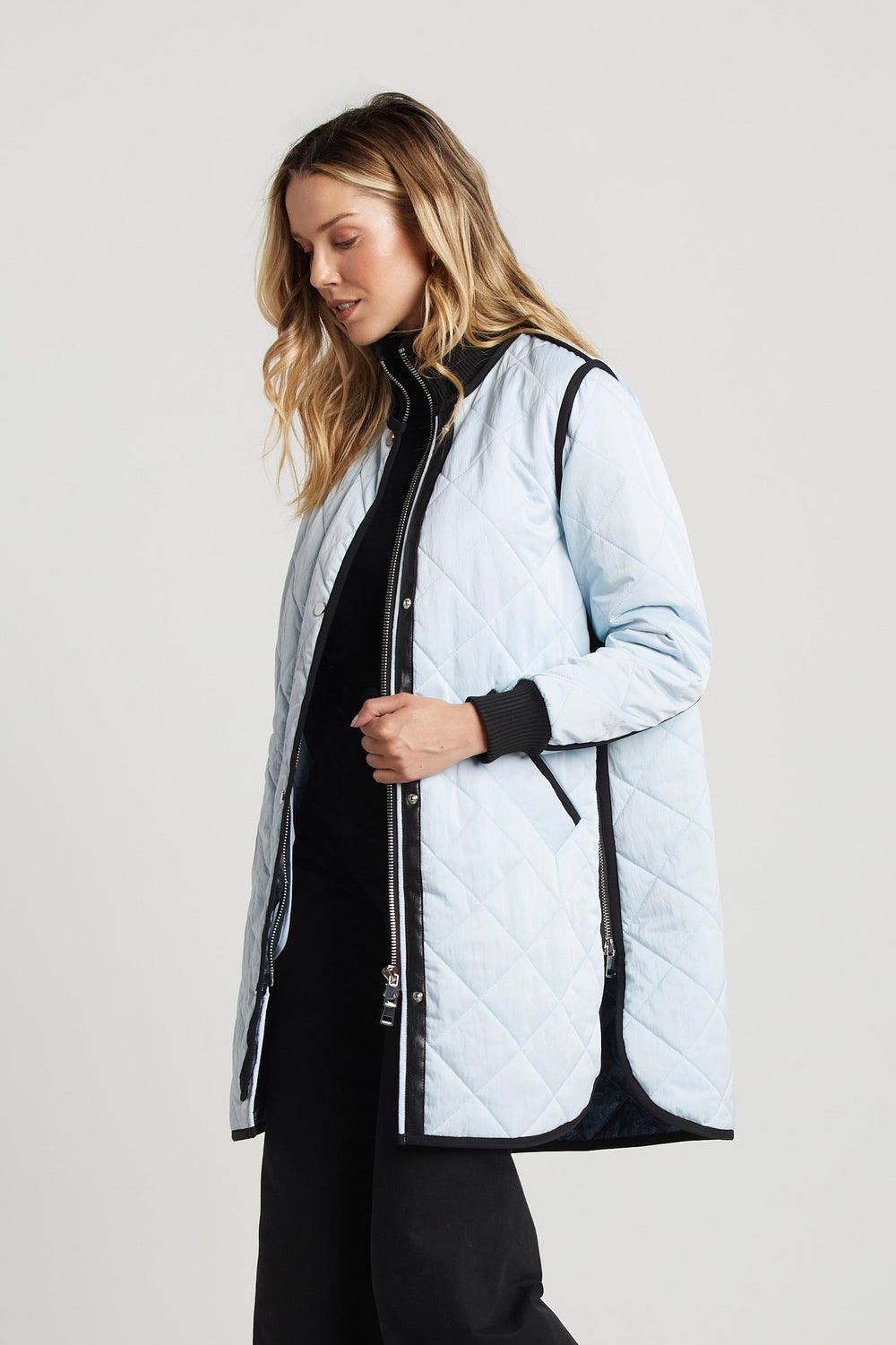 Adroit Atelier Libby Quilted Full Zip Coat in Ice Blue available at Barbara Katz