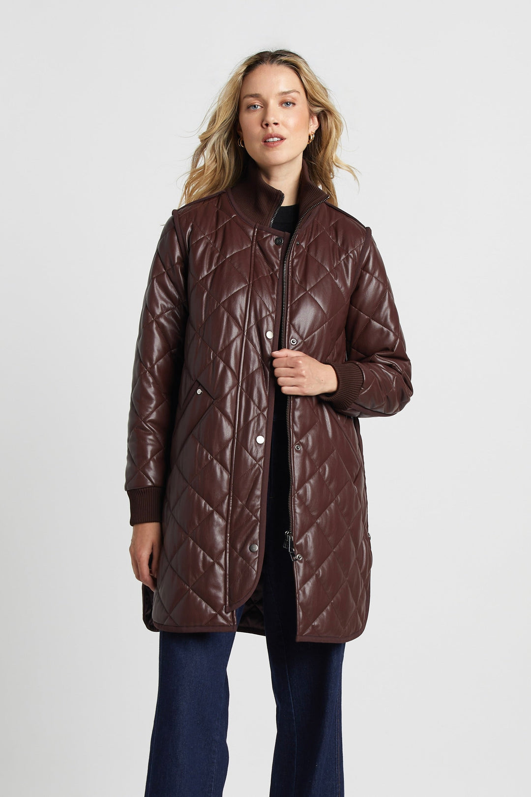 Adroit Atelier Liberty Quilted Full Zip Vegan Leather Coat With Side Zipper - Chocolate available at Barbara Katz