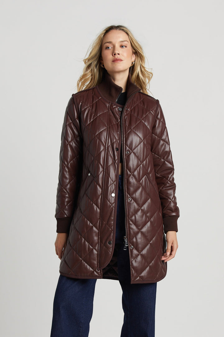 Adroit Atelier Liberty Quilted Full Zip Vegan Leather Coat With Side Zipper - Chocolate available at Barbara Katz