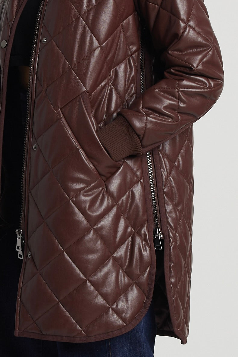 Adroit Atelier Liberty Quilted Full Zip Vegan Leather Coat With Side Zipper - Chocolate available at Barbara Katz