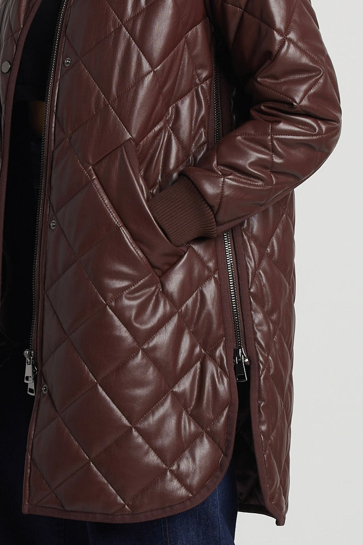 Adroit Atelier Liberty Quilted Full Zip Vegan Leather Coat With Side Zipper - Chocolate available at Barbara Katz