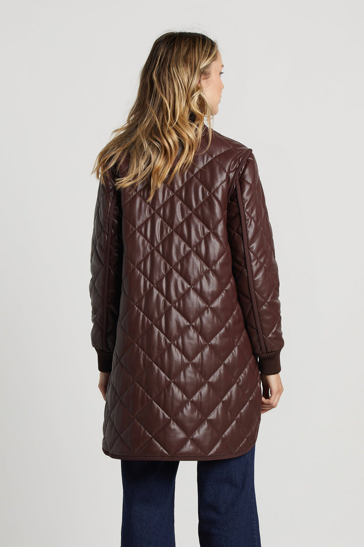 Adroit Atelier Liberty Quilted Full Zip Vegan Leather Coat With Side Zipper - Chocolate available at Barbara Katz