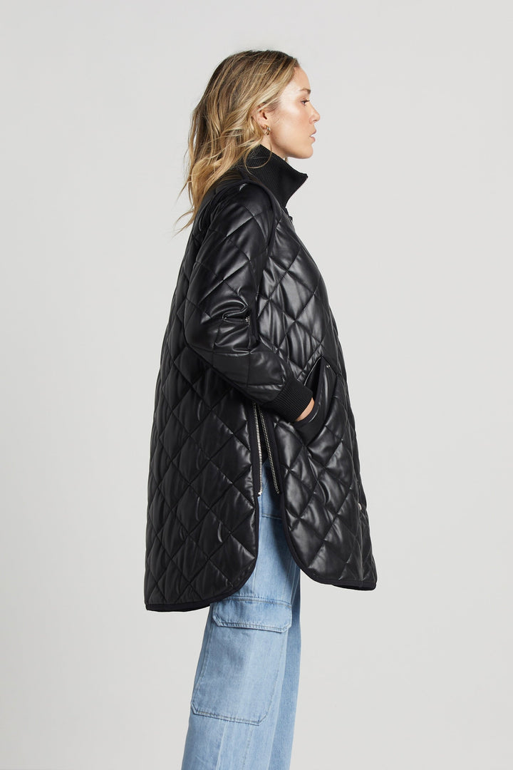 Adroit Atelier Liberty Quilted Full Zip Vegan Leather Coat With Side Zipper - Black available at Barbara Katz