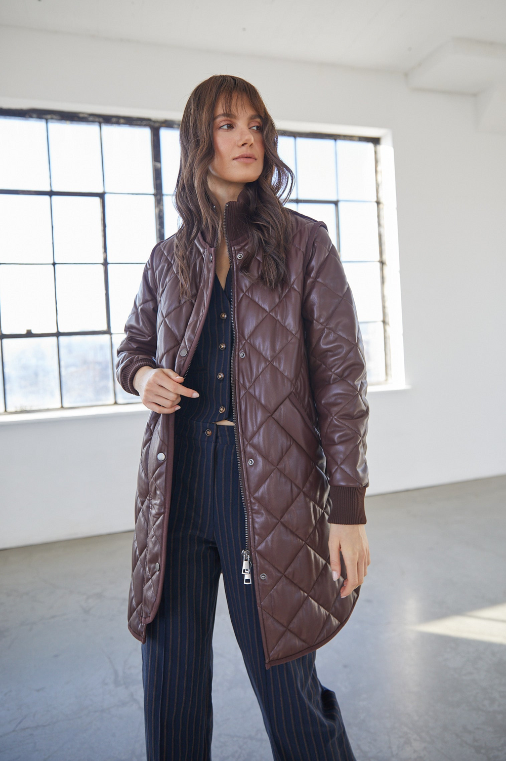 Adroit Atelier Liberty Quilted Full Zip Vegan Leather Coat With Side Zipper - Chocolate available at Barbara Katz