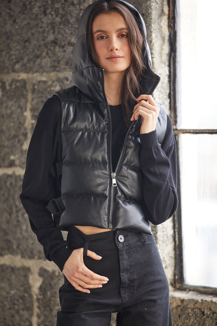 Adroit Atelier Lola Vegan Leather Quilted Full Zip Gilet With Adjustable Side Buckles - Black available at Barbara Katz