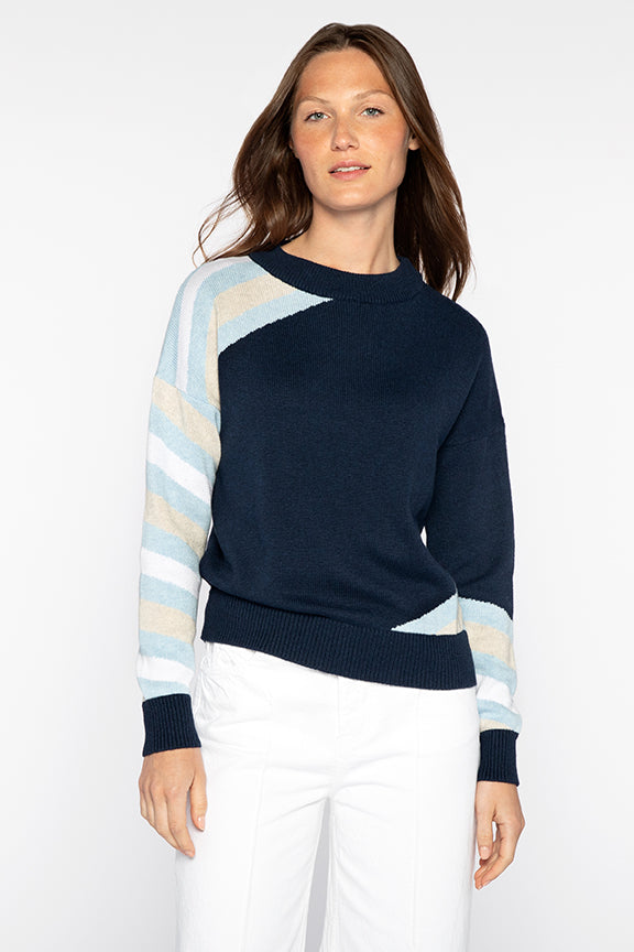 Kinross Intarsia Stripe Crew Pullover in Navy Multi available at Barbara Katz