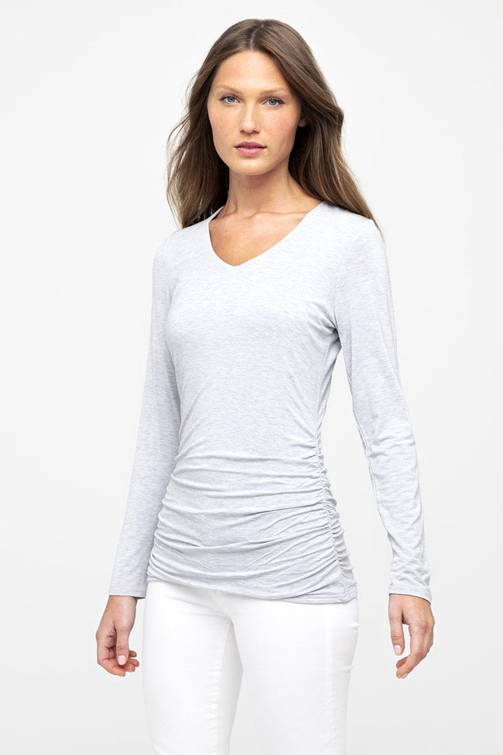 Kinross Bamboo Ruched Long Sleeve Vee Top available at Barbara Katz