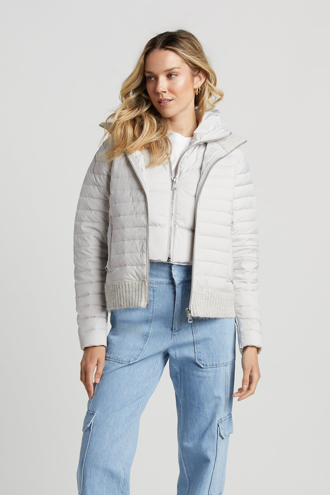 Adroit Atelier Lulu Lightweight Quilted Down Jacket With Knit Trim - Cloud available at Barbara Katz