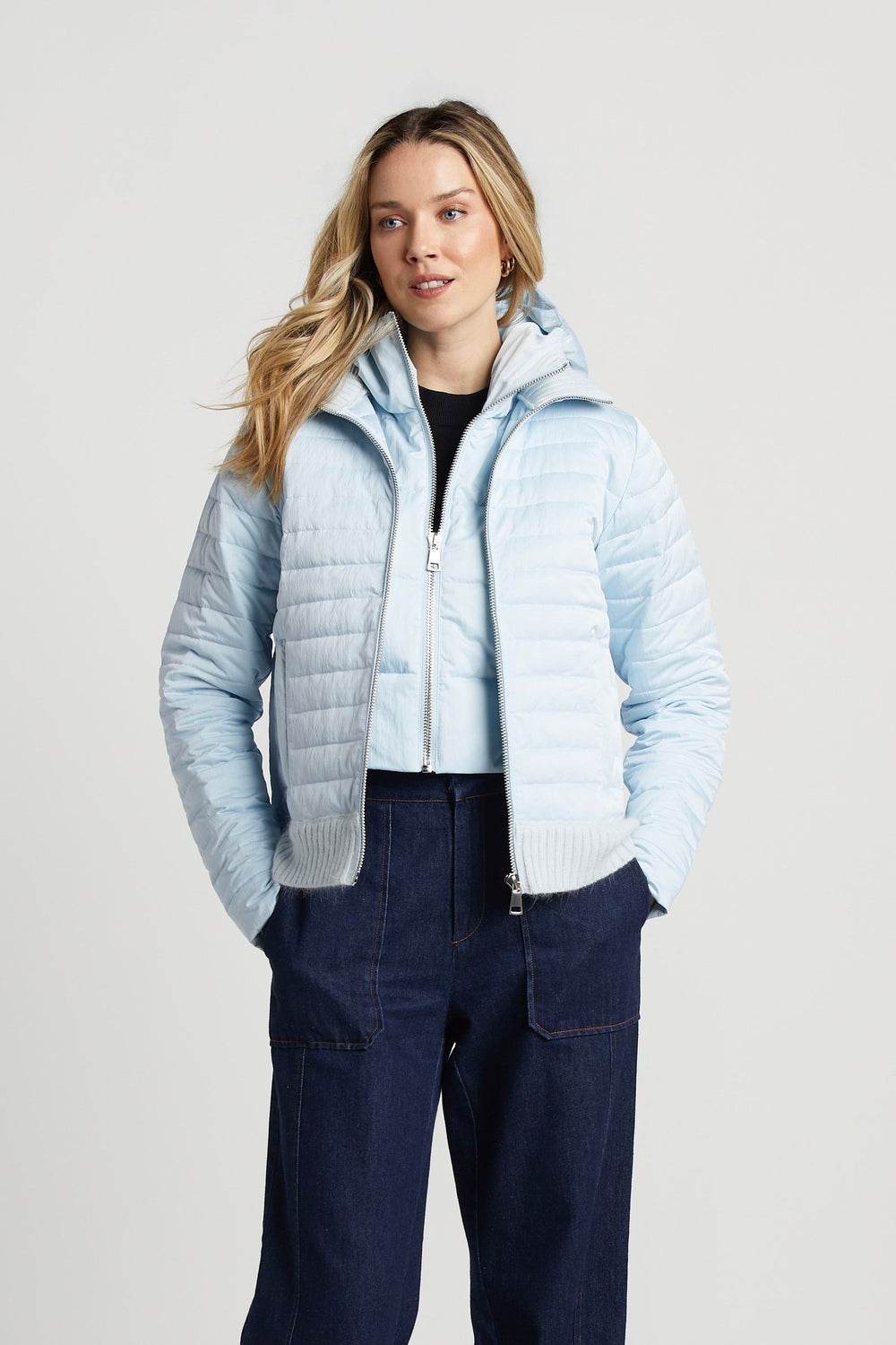 Adroit Atelier Lulu Lightweight Quilted Down Jacket With Knit Trim in Ice Blue available at Barbara Katz