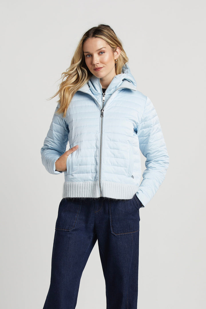 Adroit Atelier Lulu Lightweight Quilted Down Jacket With Knit Trim in Ice Blue available at Barbara Katz