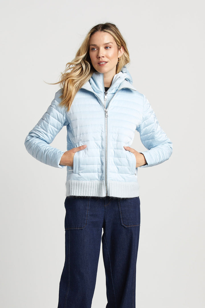 Adroit Atelier Lulu Lightweight Quilted Down Jacket With Knit Trim in Ice Blue available at Barbara Katz