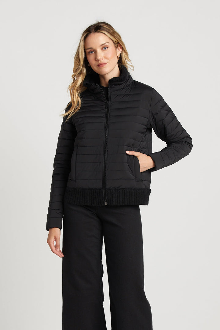 Adroit Atelier Lulu Lightweight Quilted Down Jacket With Knit Trim - Black available at Barbara Katz