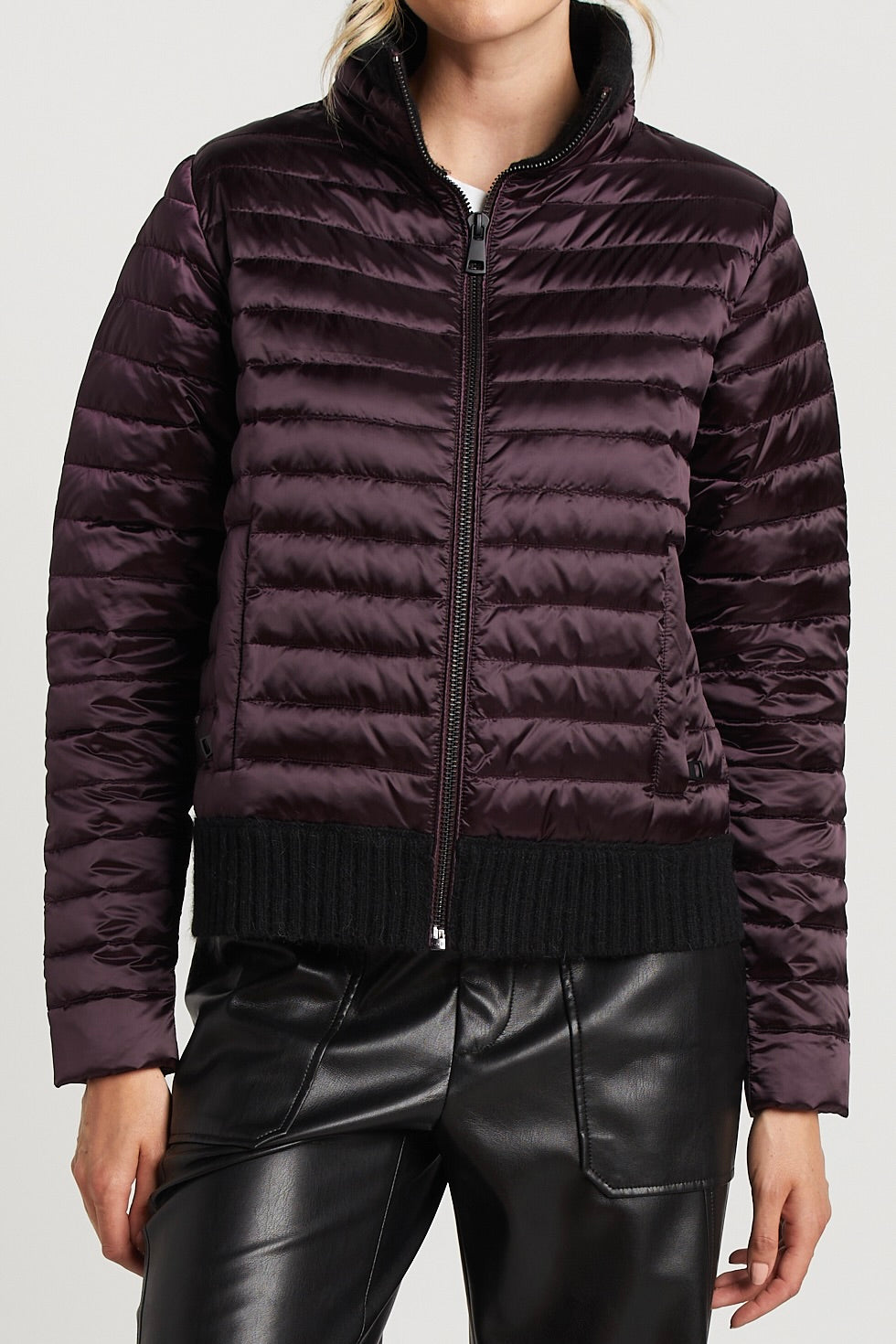 Adroit Atelier Lulu Lightweight Quilted Down Jacket With Knit Trim in Mulberry available at Barbara Katz