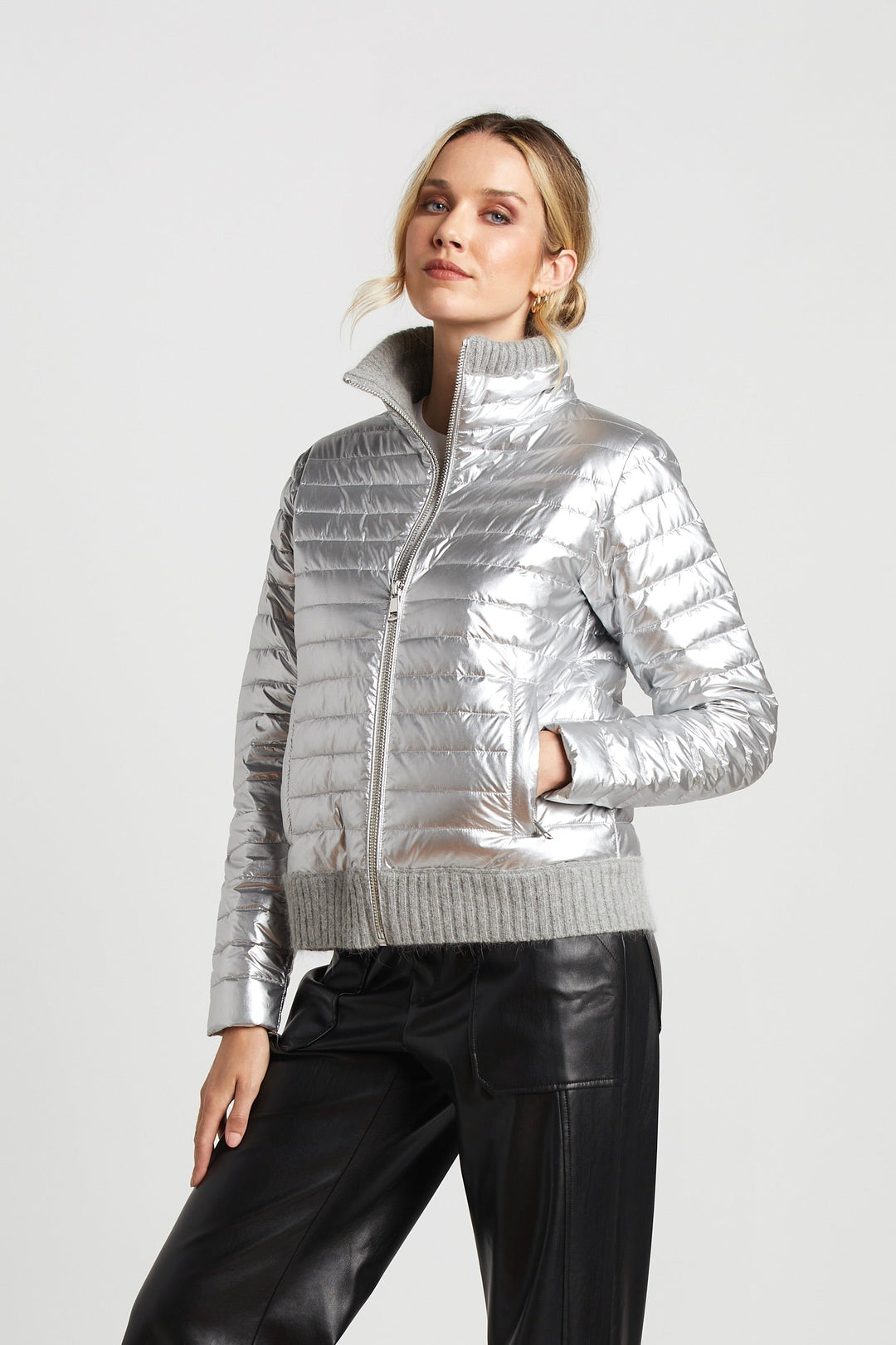 Adroit Atelier Lulu Lightweight Quilted Down Jacket With Knit Trim in Silver available at Barbara Katz