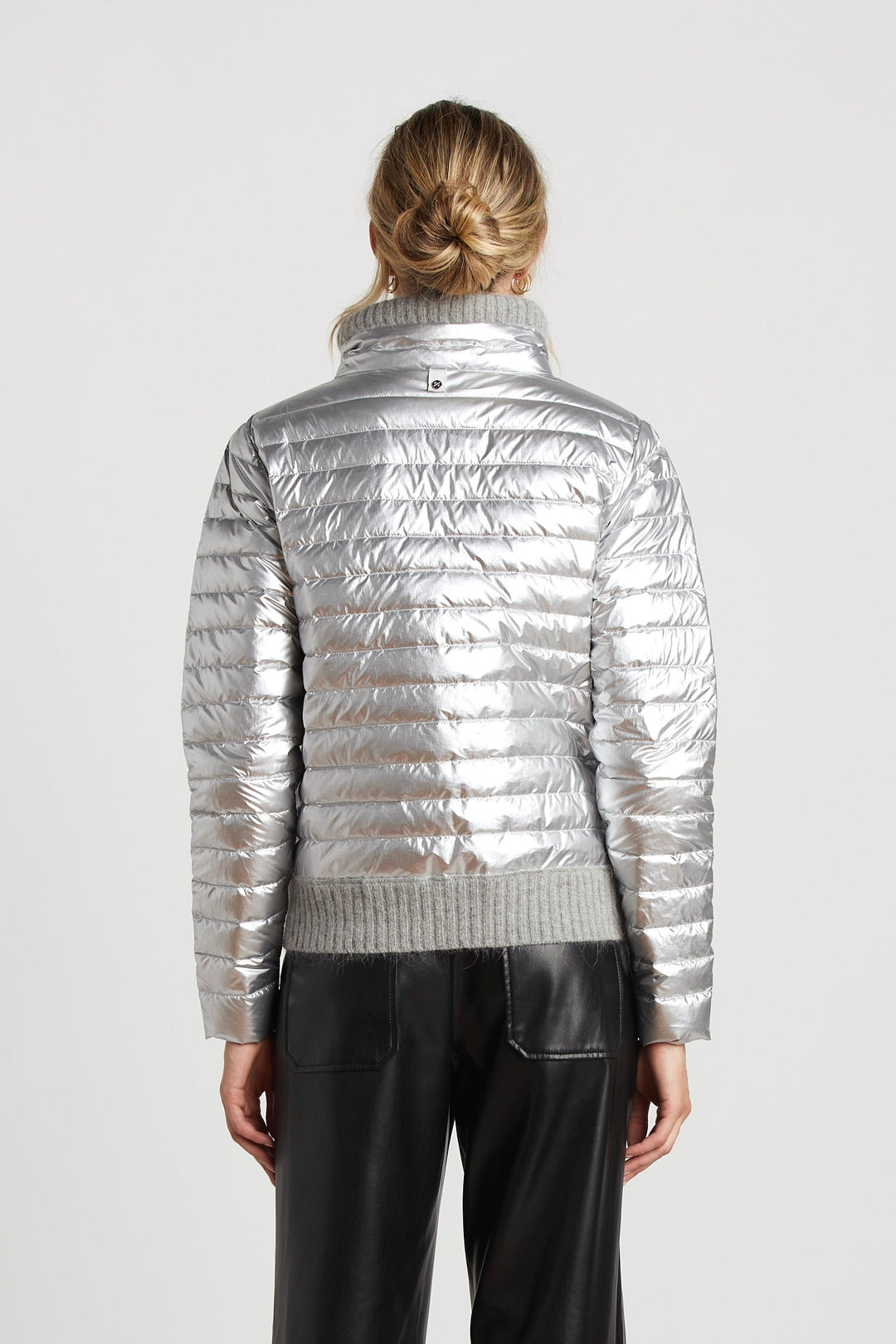 Adroit Atelier Lulu Lightweight Quilted Down Jacket With Knit Trim in Silver available at Barbara Katz