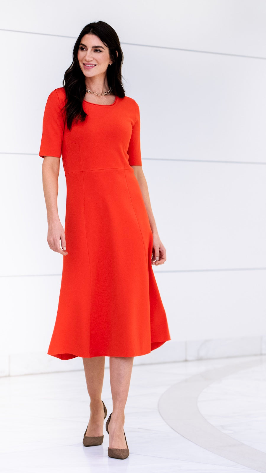 Nora Milano Knit Short Sleeved Fit-And-Flare Midi Dress - Bright Orange / Fall Pre-Order