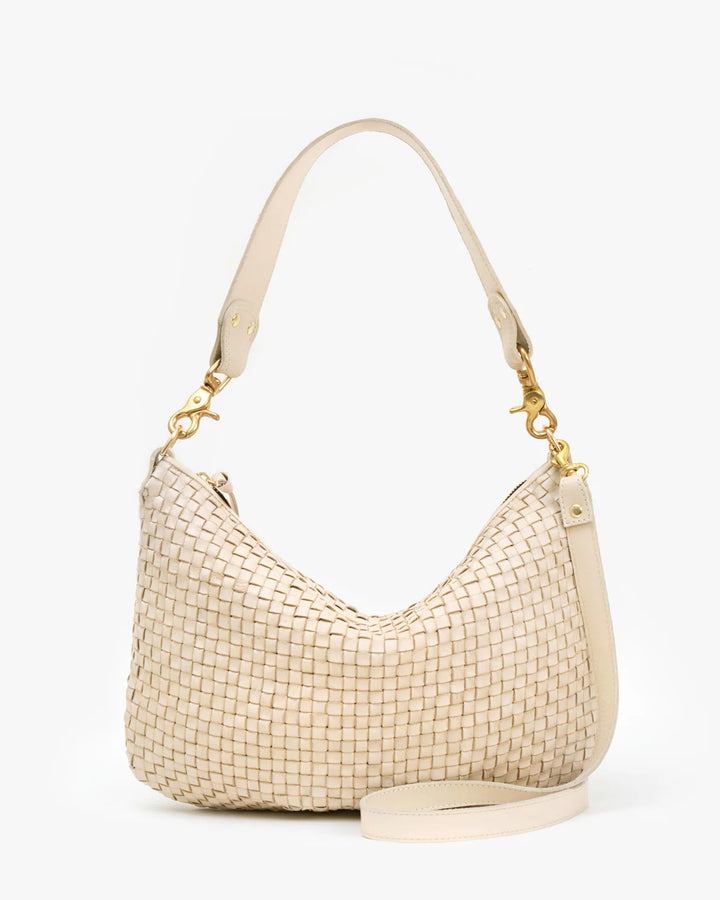 Clare V Moyen Messenger Bag in Cream Woven Checker, zip-top crescent bag made with handwoven leather with top zipper closure, one interior pocket for added organization, detachable shoulder strap and crossbody strap, lined in chambray