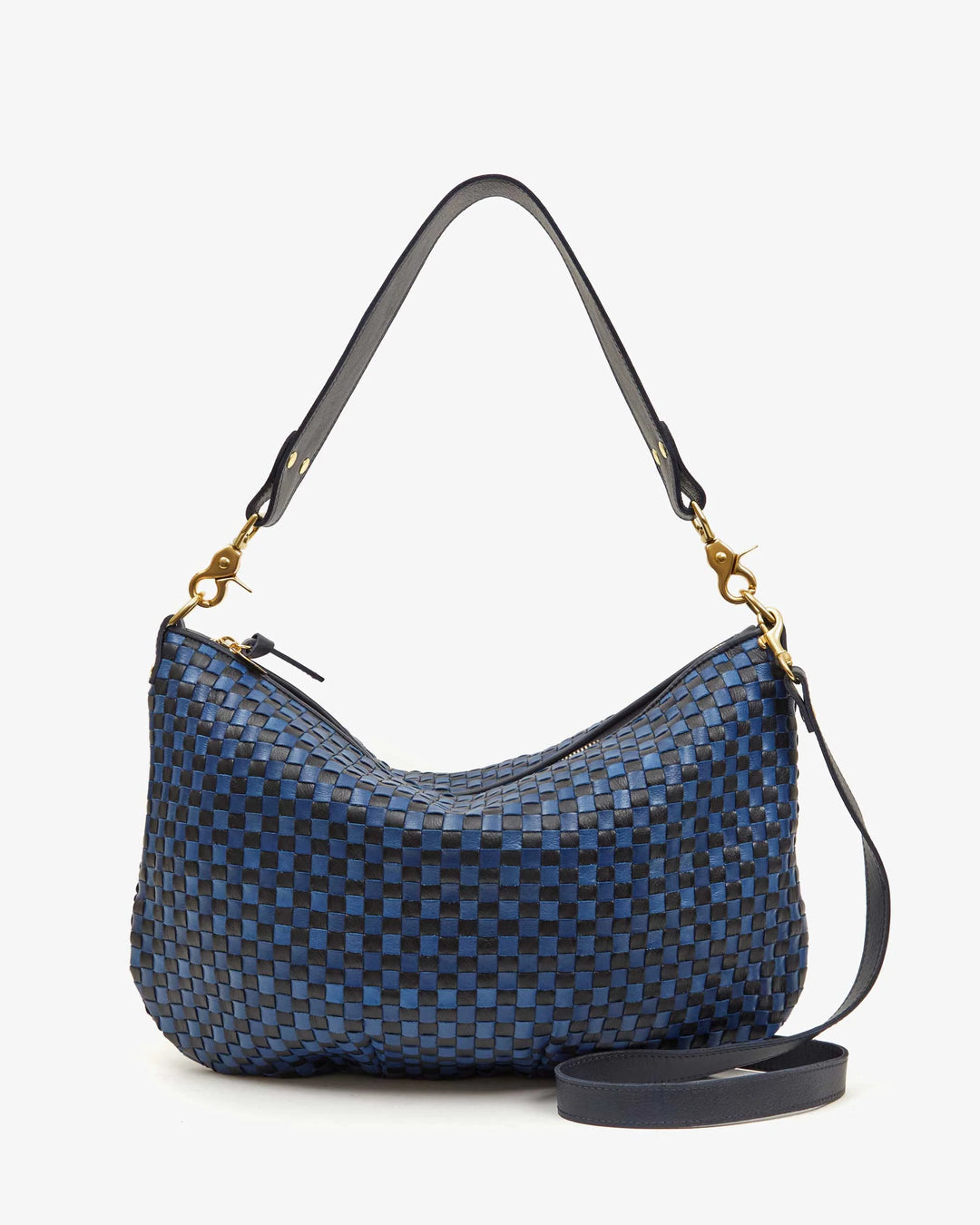 Clare V Moyen Messenger Bag in Dark Blue Woven Checker available at Barbara Katz