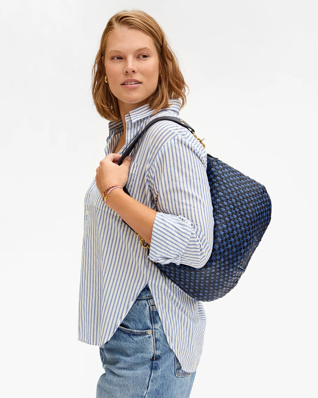 Clare V Moyen Messenger Shoulder Bag - Dark Blue Woven Checker - Barbara Katz