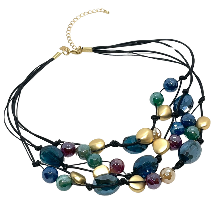 Deborah Grivas Multi Glazed Agate With Teal Crystal and Gold Nugget Torsade Necklace on Black Linen and Leather