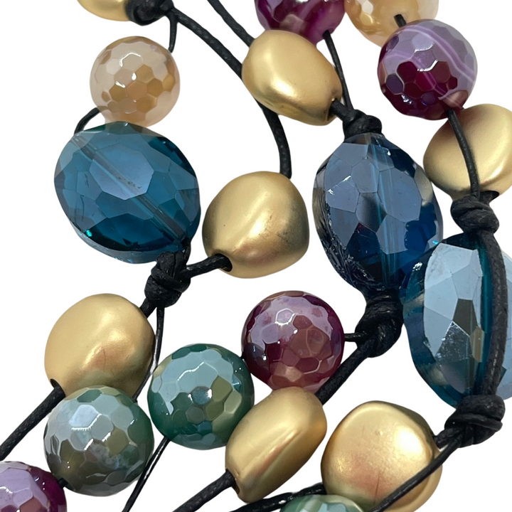 Deborah Grivas Multi Glazed Agate With Teal Crystal Torsade Necklace on Black Linen and Leather