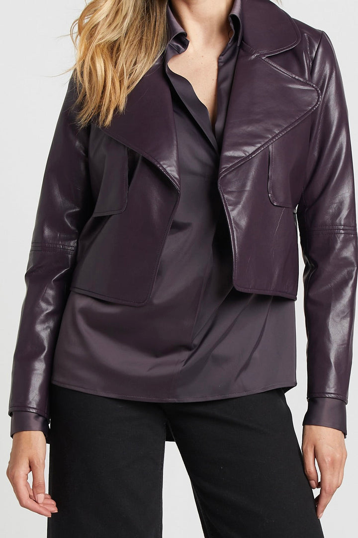 Adroit Atelier Ninon Short Vegan Leather Open Front Jacket - Mulberry