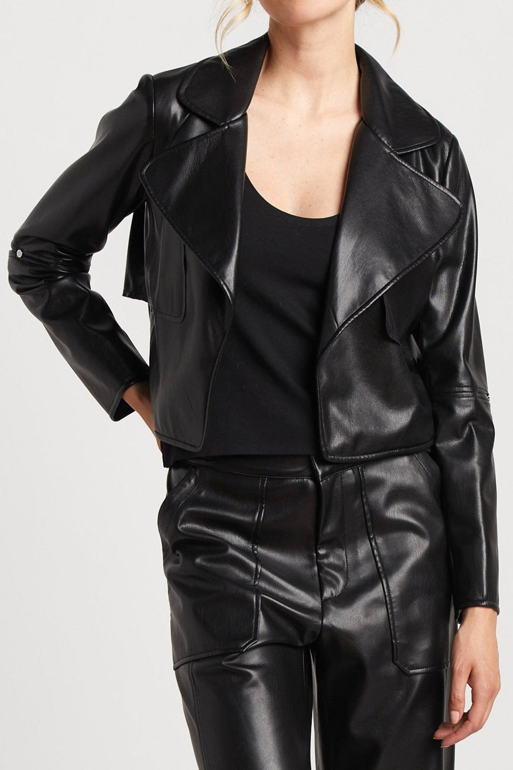 Adroit Atelier Ninon Short Vegan Leather Open Front Jacket - Black