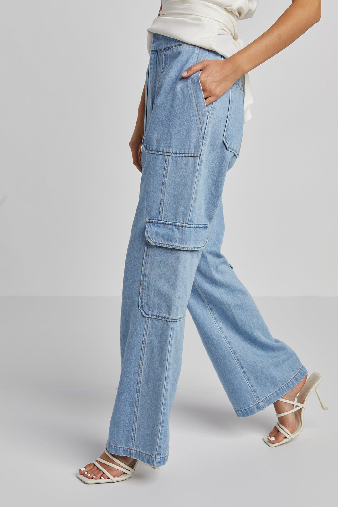 Adroit Atelier Nolan High Waisted Slightly Wide Leg Denim Cargo Pants - Medium Wash available at Barbara Katz