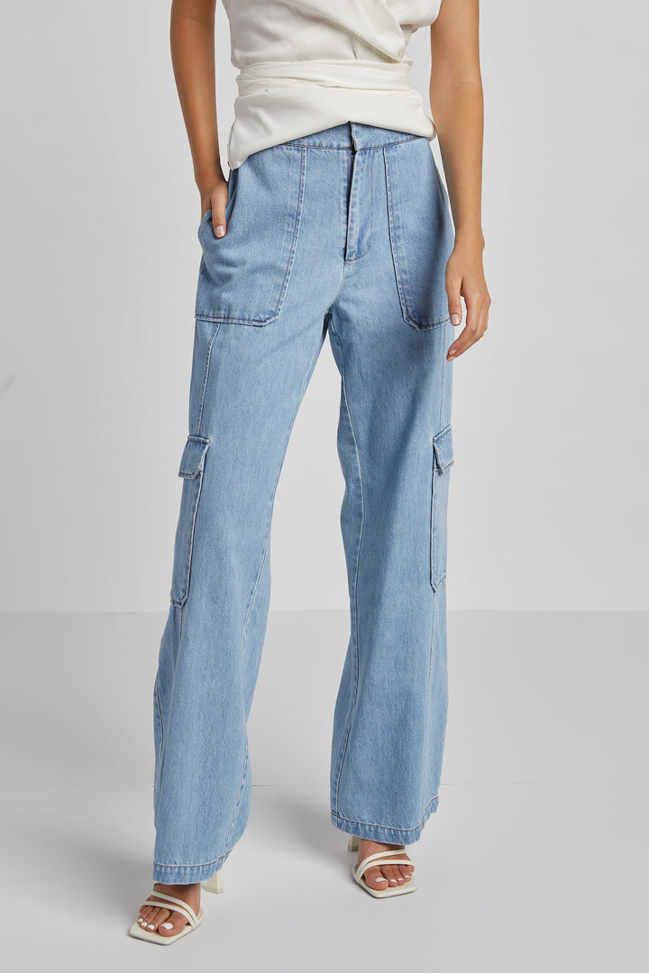 Adroit Atelier Nolan High Waisted Slightly Wide Leg Denim Cargo Pants - Medium Wash available at Barbara Katz