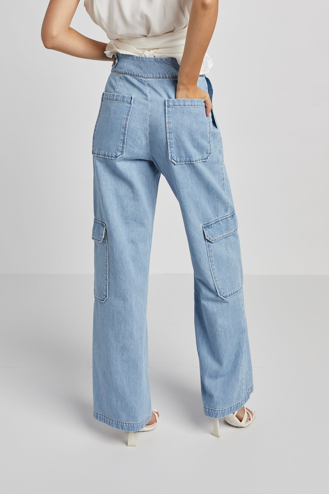 Adroit Atelier Nolan High Waisted Slightly Wide Leg Denim Cargo Pants - Medium Wash available at Barbara Katz