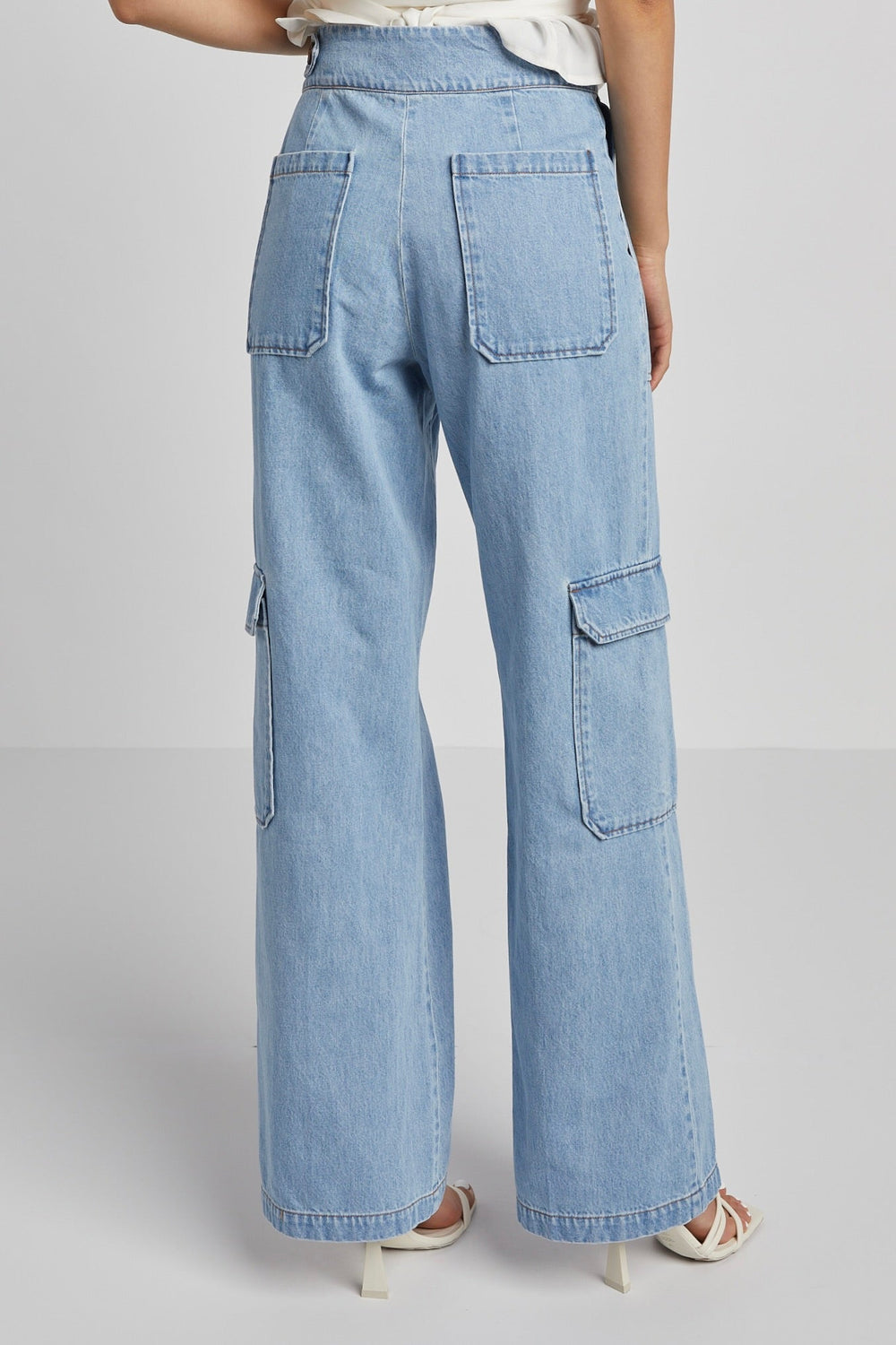 Adroit Atelier Nolan High Waisted Slightly Wide Leg Denim Cargo Pants - Medium Wash available at Barbara Katz