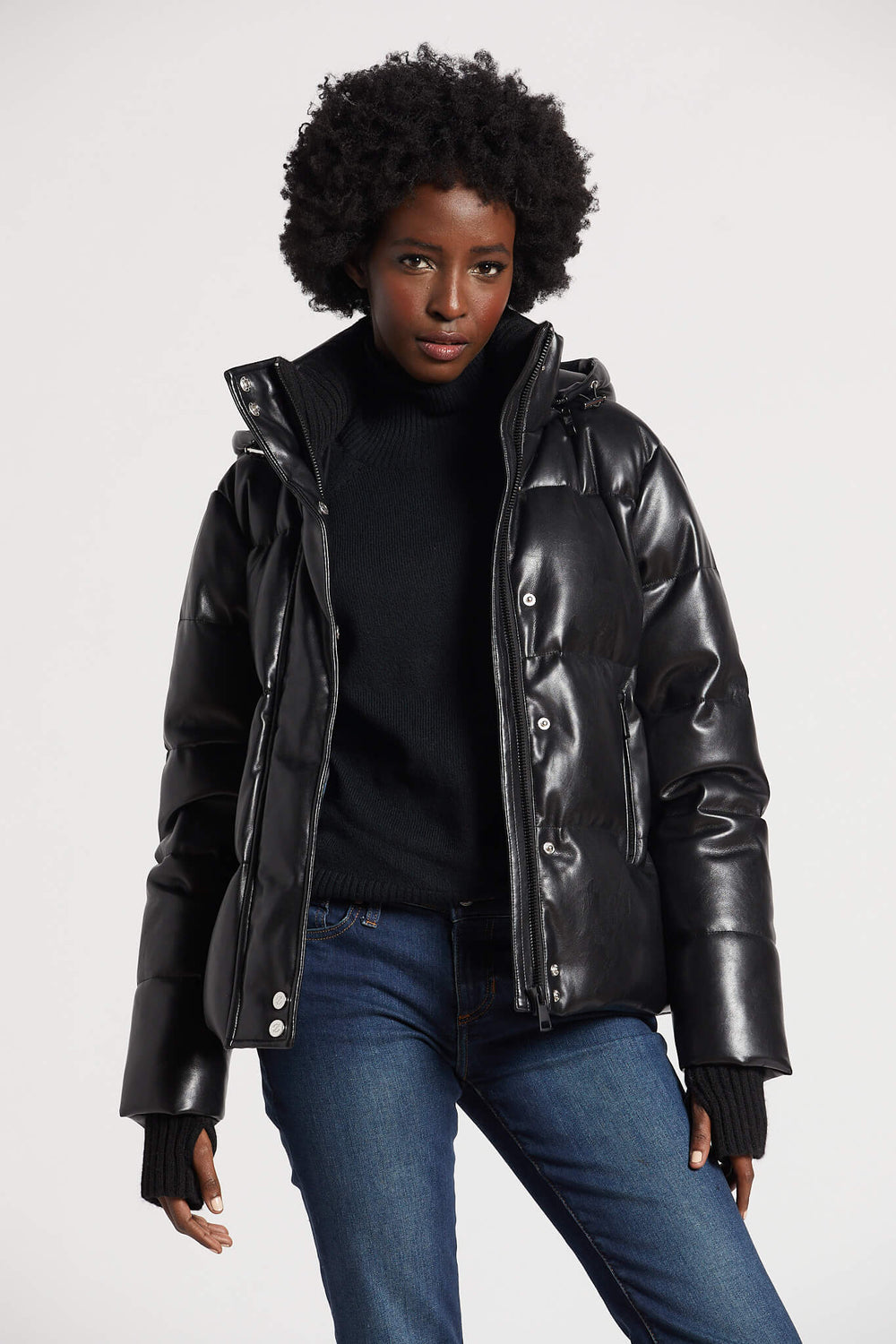 Adroit Atelier Paloma Vegan Leather Down Coat With Detachable Hood & Angora Knit Trim - Black