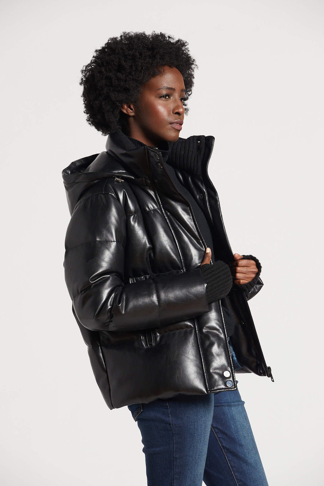 Adroit Atelier Paloma Vegan Leather Down Coat With Detachable Hood & Angora Knit Trim - Black