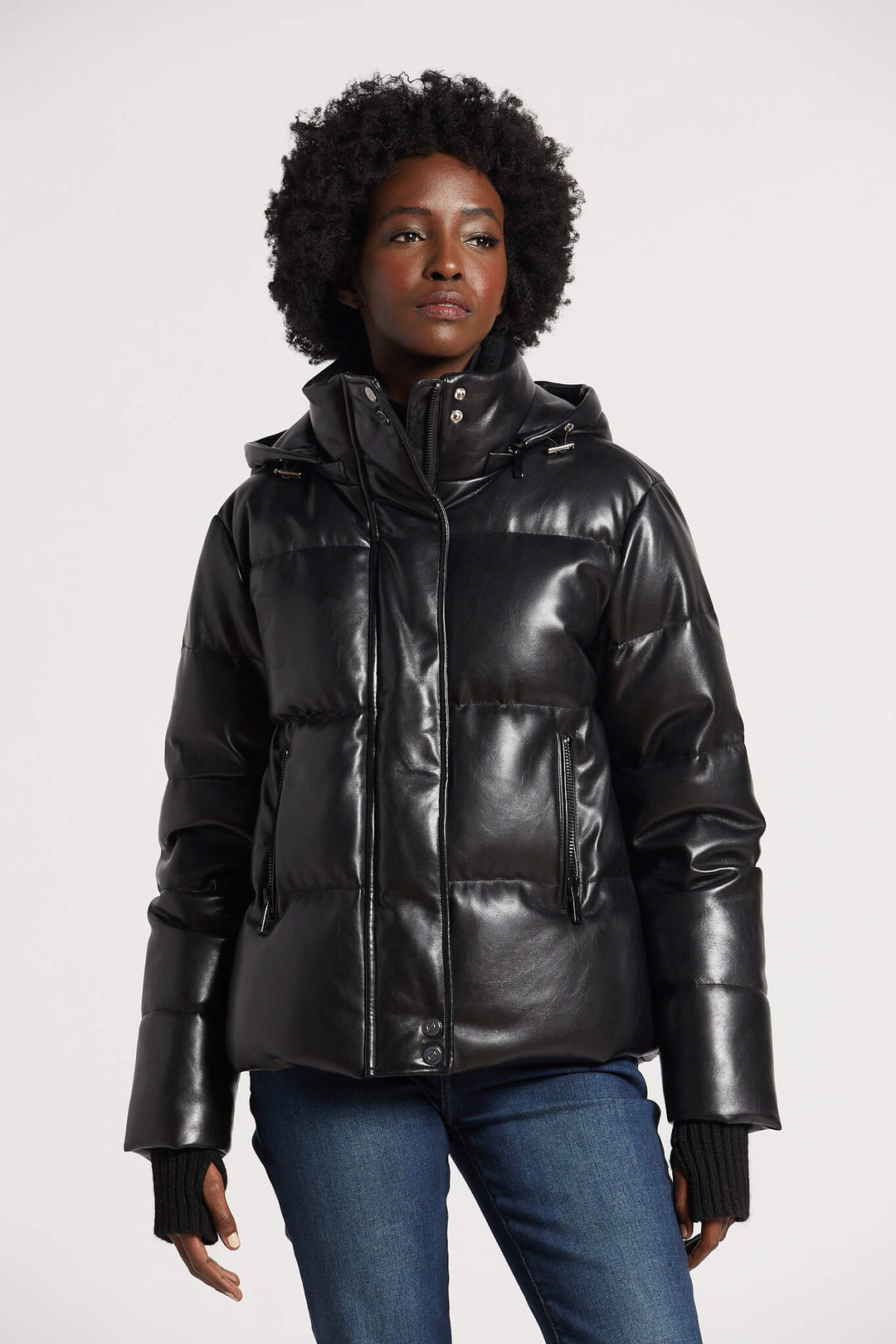 Adroit Atelier Paloma Vegan Leather Down Coat With Detachable Hood & Angora Knit Trim - Black