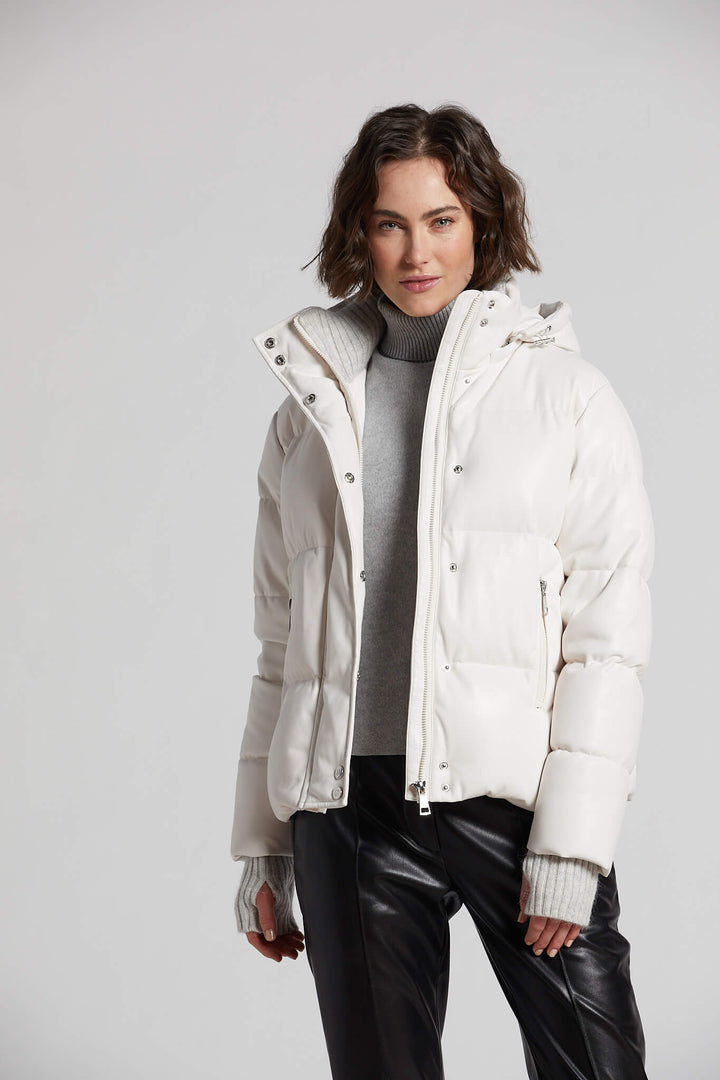 Adroit Atelier Paloma Vegan Leather Down Coat With Detachable Hood & Angora Knit Trim - White