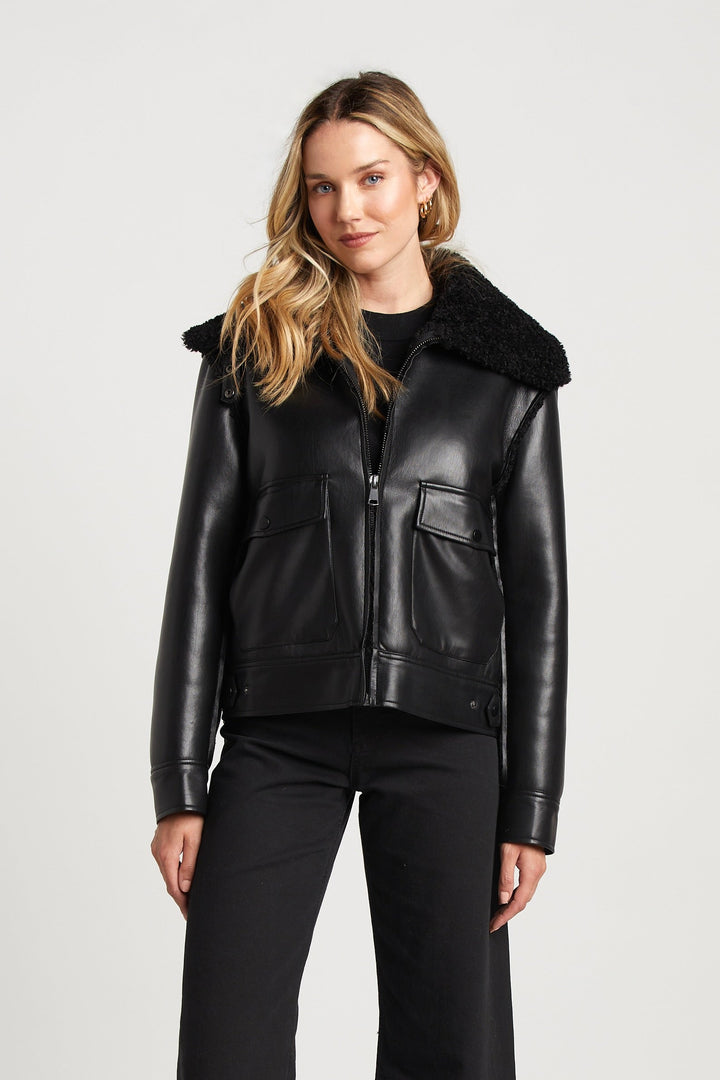 Adroit Atelier Parker Bonded Vegan Leather Aviator Jacket With Collar Snap Closure - Black available at Barbara Katz