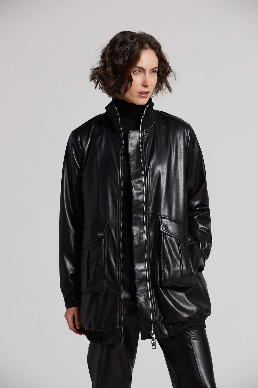 Adroit Atelier Petra Long Vegan Leather Bomber Jacket - Black available at Barbara Katz