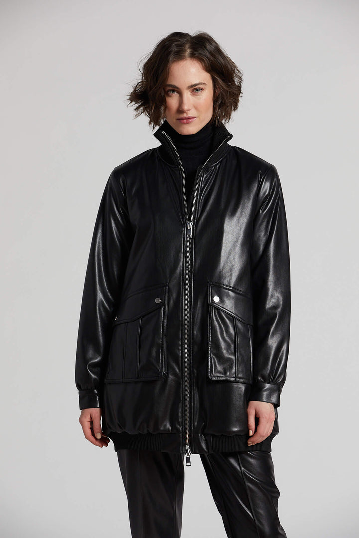 Adroit Atelier Petra Long Vegan Leather Bomber Jacket - Black available at Barbara Katz