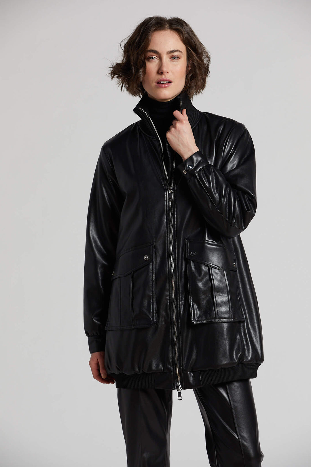 Adroit Atelier Petra Long Vegan Leather Bomber Jacket - Black available at Barbara Katz