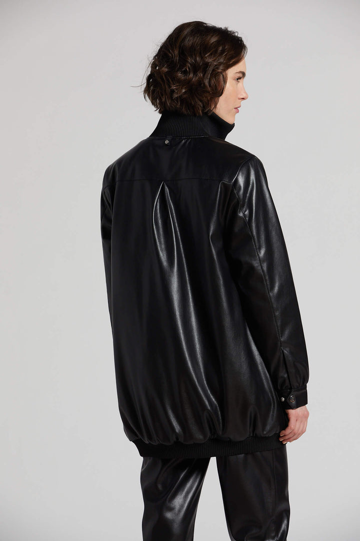 Adroit Atelier Petra Long Vegan Leather Bomber Jacket - Black available at Barbara Katz