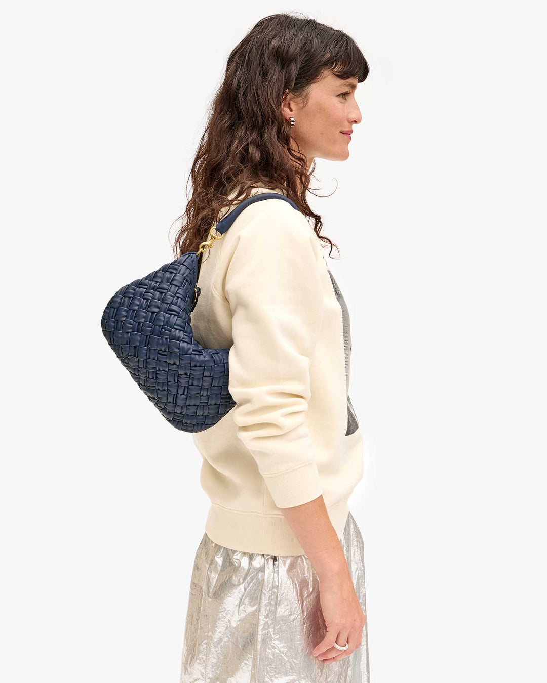 Clare V Petit Moyen Messenger Bag in Bright Navy Puffy Woven available at Barbara Katz