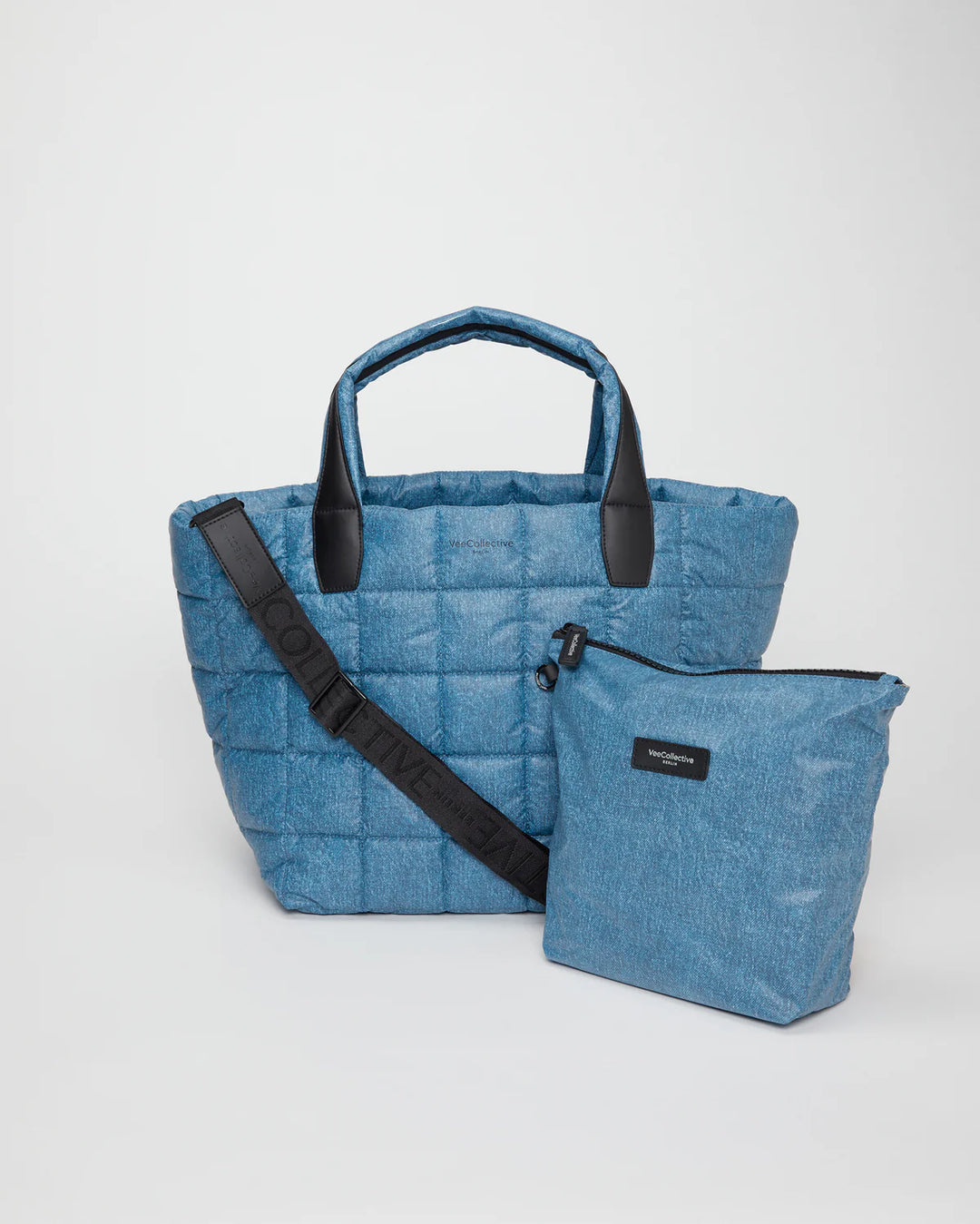 Vee Collective Porter Medium Tote Bag in Denim with separate pouch and attachable strap available at Barbara Katz