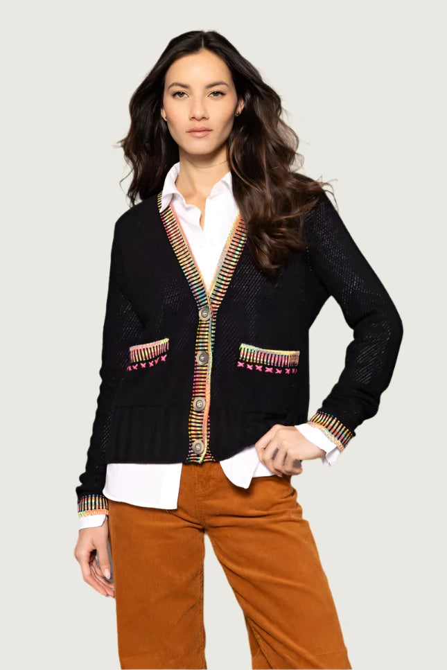 Lisa Todd Double Track Cardigan in Black/Limelight available at Barbara Katz